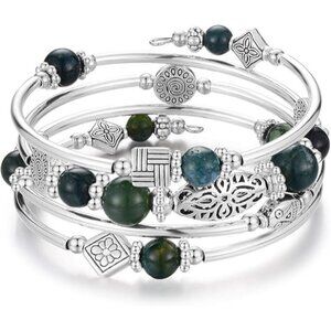 09-Dark Green Layered Wrap Bangle Bead Bracelet w/ Agate Stone